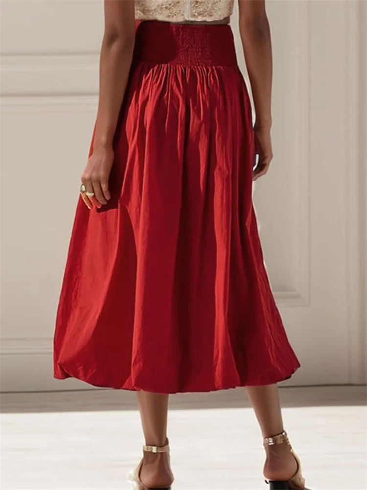 CHRONSTYLE Women Long Maxi Skirts Casual Loose Fit Elastic Waist Solid Color Ruched Pleated Skirts for Summer Spring Streetwear image