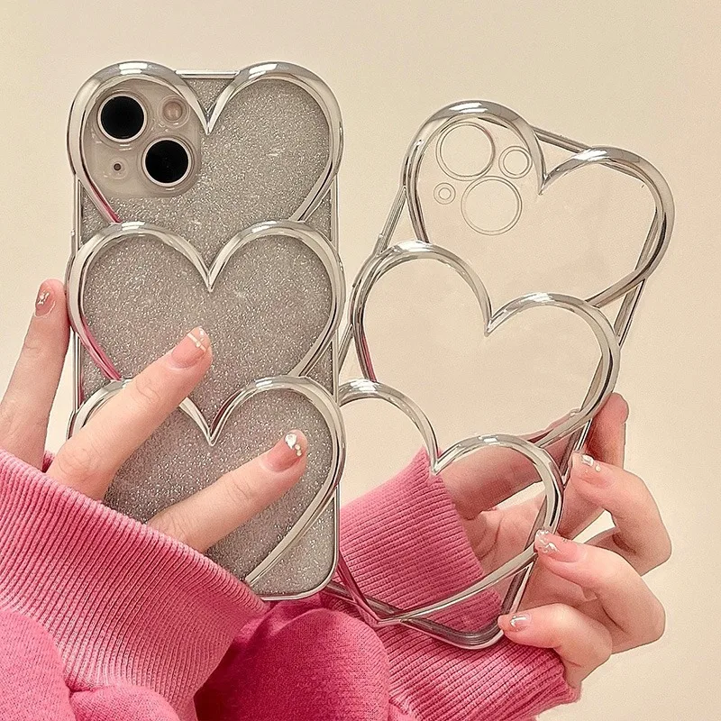 Clear Heart Glitter Silver Border Soft Shell Girl Phone Case Per Iphone 15 14 13 Pro Max 15Pro 14Pro 13Pro Cover Posteriore 11