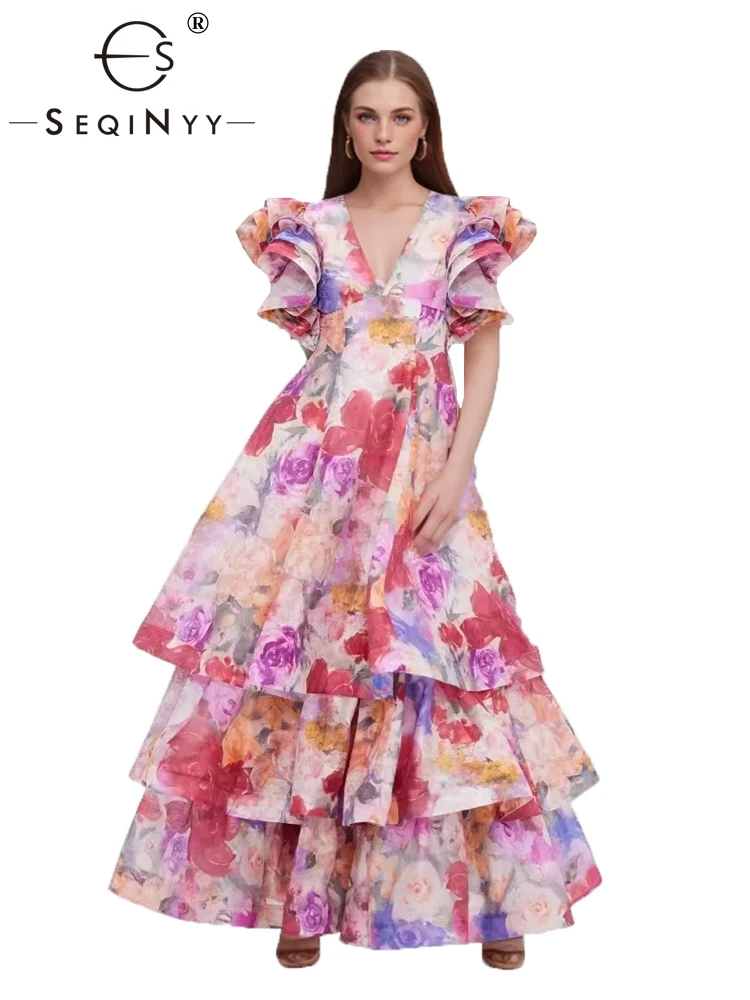 

SEQINYY Elegant Midi Dress Summer Spring New Fashion Design Women Runway V-Neck Ruffles Short Sleeve Vintage Flower Print