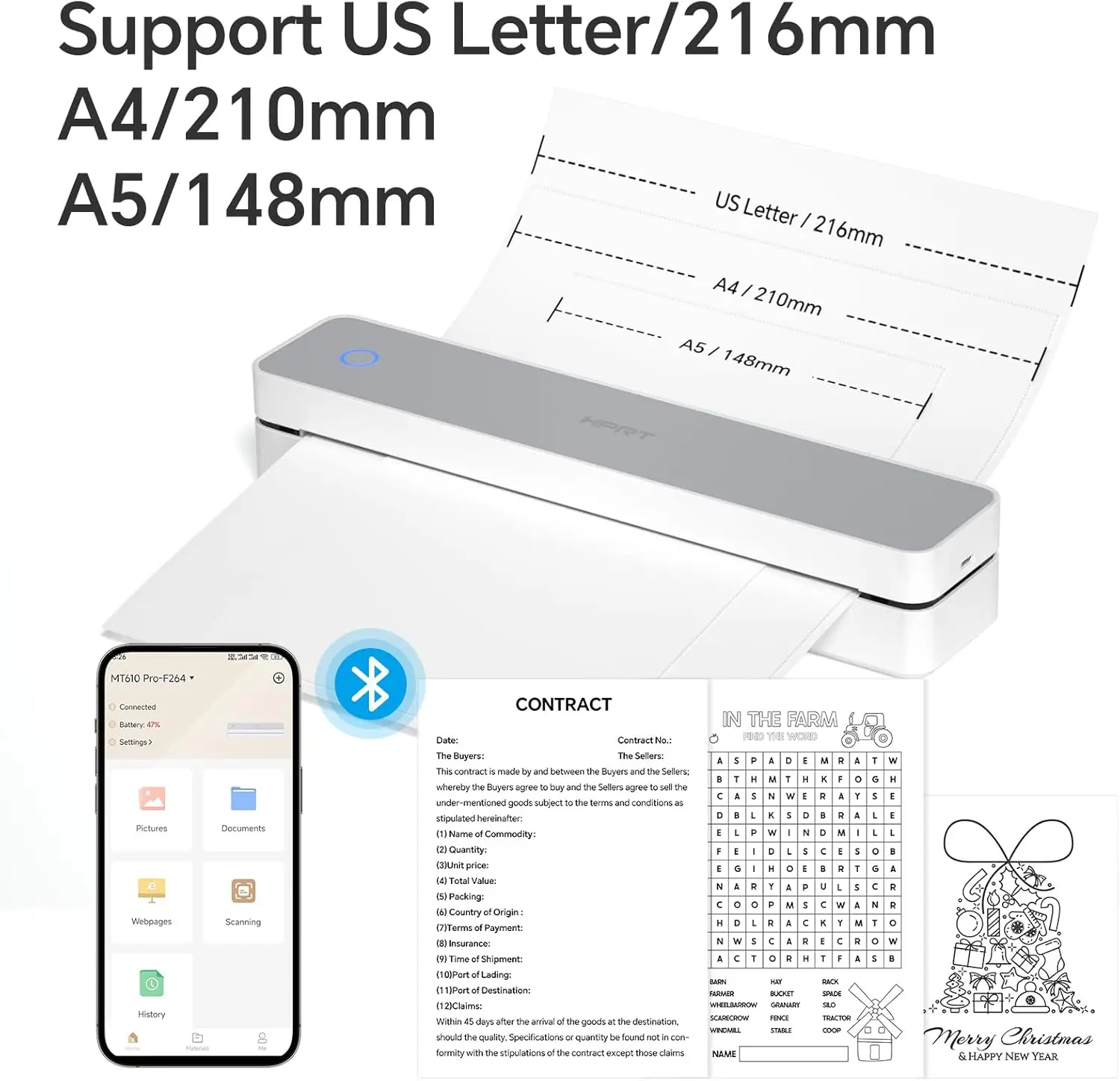 300DPI A40 Portable Thermal Printer Supports 210mm 216mm A4 US Letter Thermal Paper Bluetooth Mobile Printer for Office Travel