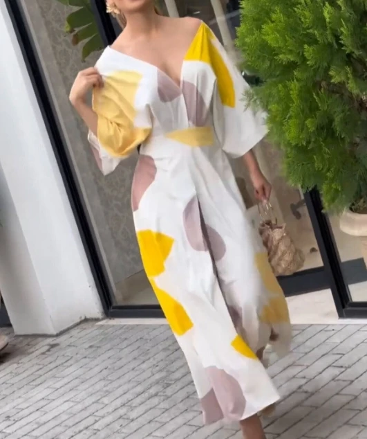 

Women's Sweet Dress 2024 Spring/summer Latest Fashion Print Elegant and Sexy Commuting V-Neck High Waist High Height Long Skirt