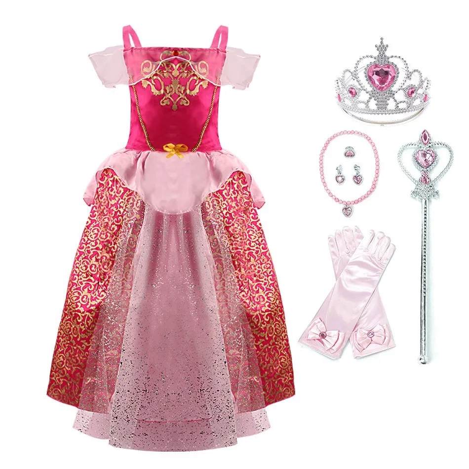 

Girl Aurora Dress Children Birthday Prom Fancy Costume with Accessories Halloween Role Play Disguise Print Sleeveless Clothing
