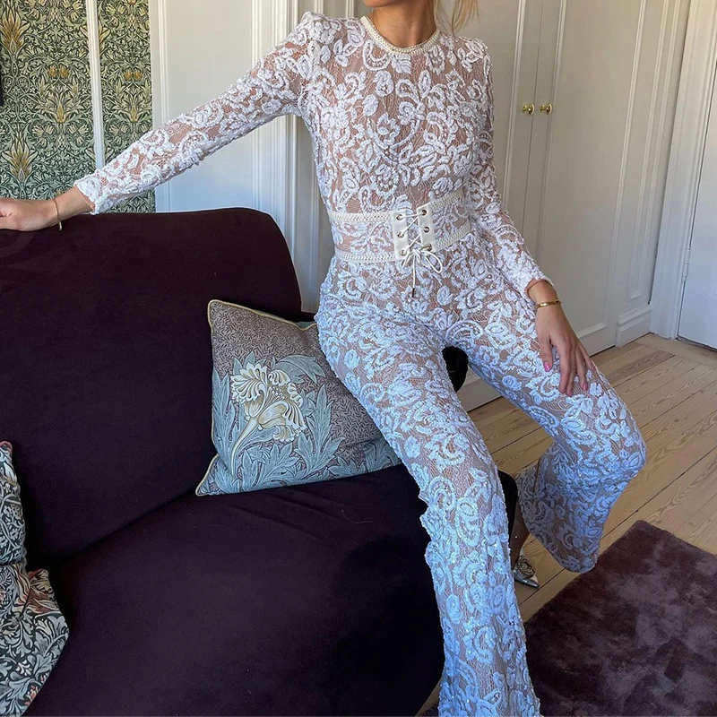 

White Embroidery Lace Hollow Jacquard Jumpsuit Women Spring O-neck Slim Party Playsuit Romper Fall Long Sleeve Straight Overalls