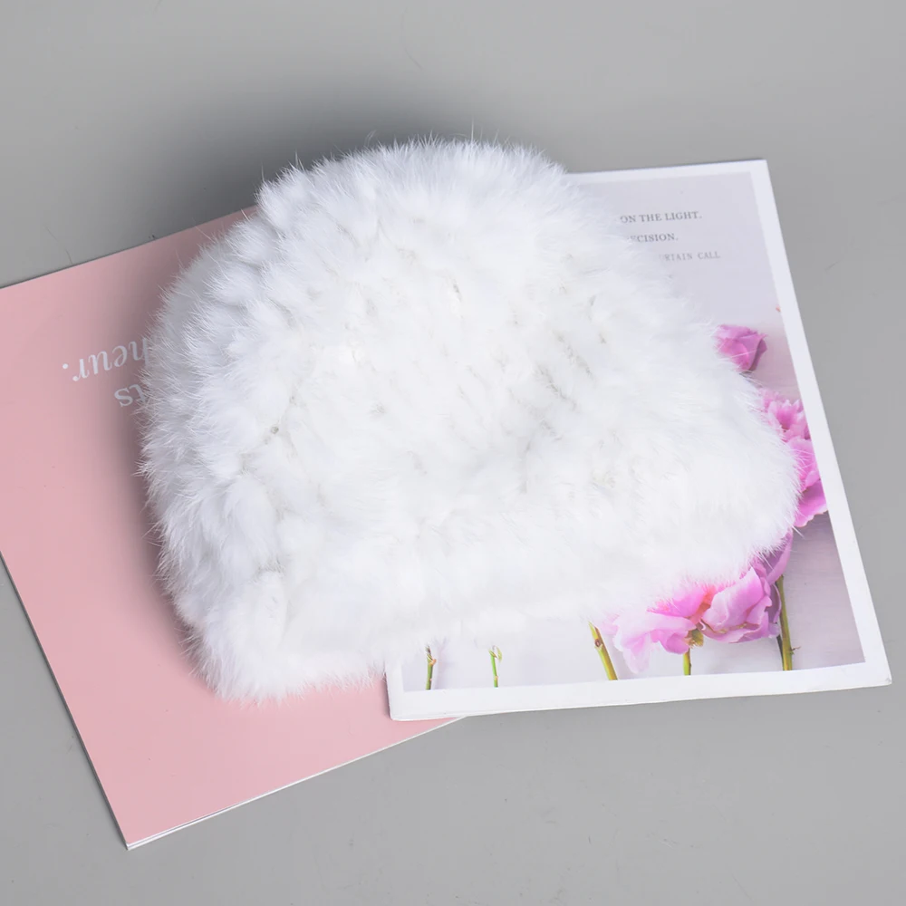 Fur Hat Winter Hat Russian Women Knitted Real Rabbit Fur Bomber Hats Winter Lady Warm Fluffy