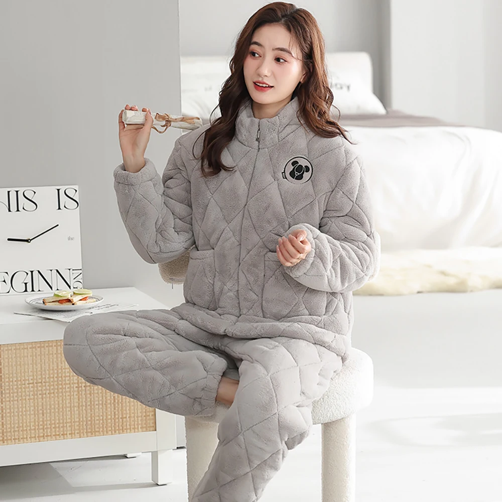 Winter Flannel Super Thick Women's Pajamas 3-Layer Air Cotton Warm Pijamas Set for Women Sweet Loose Pajama Sets pijama mujer