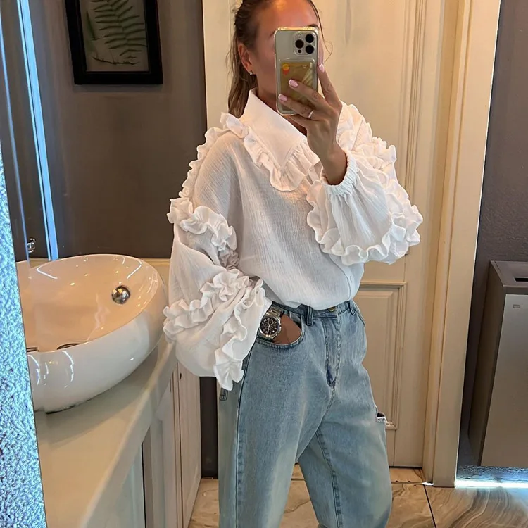 White Ruffled Casual Shirts For Women Fashion Patchwork Cardigan Lapel Long Sleeve Outwear Slim Ladies Shirts 2025 New