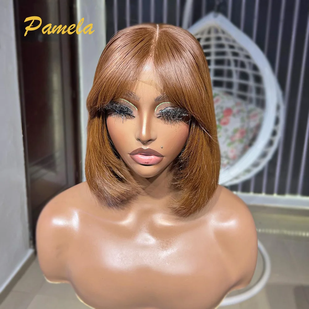Brown Color Bone Straight 13x4 Transparent Lace Front Wig 4x4 9x6 Lace Glueless Human Hair Short Bob Wig For Women With Bangs