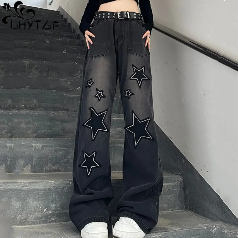 

UHYTGF Y2k Vintage Jeans For Women Spring Autumn BF Style Star Splice High-Waist Straight Wide-Leg Pant Lady Denim Pants No Belt