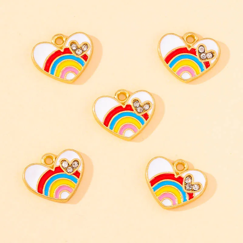 

10Pcs 12*14mm Cute Enamel Rainbow Love Heart Zircon Earrings Pendant For DIY Necklace Jewelry Making Charm Accessories Wholesale