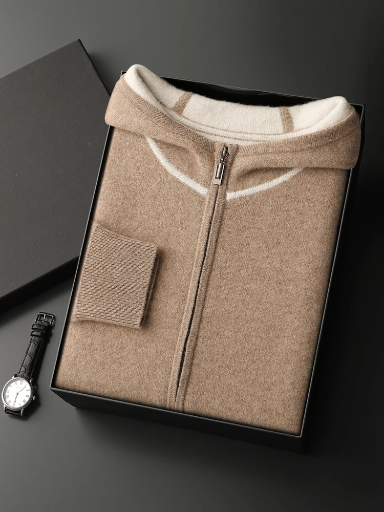 Thick Hooded Men Zippers Cashmere Sweater Cardigan Autumn Winter 100% Cashmere Knitwear Casual Long Sleeve Warm Soft Pockets Top 2