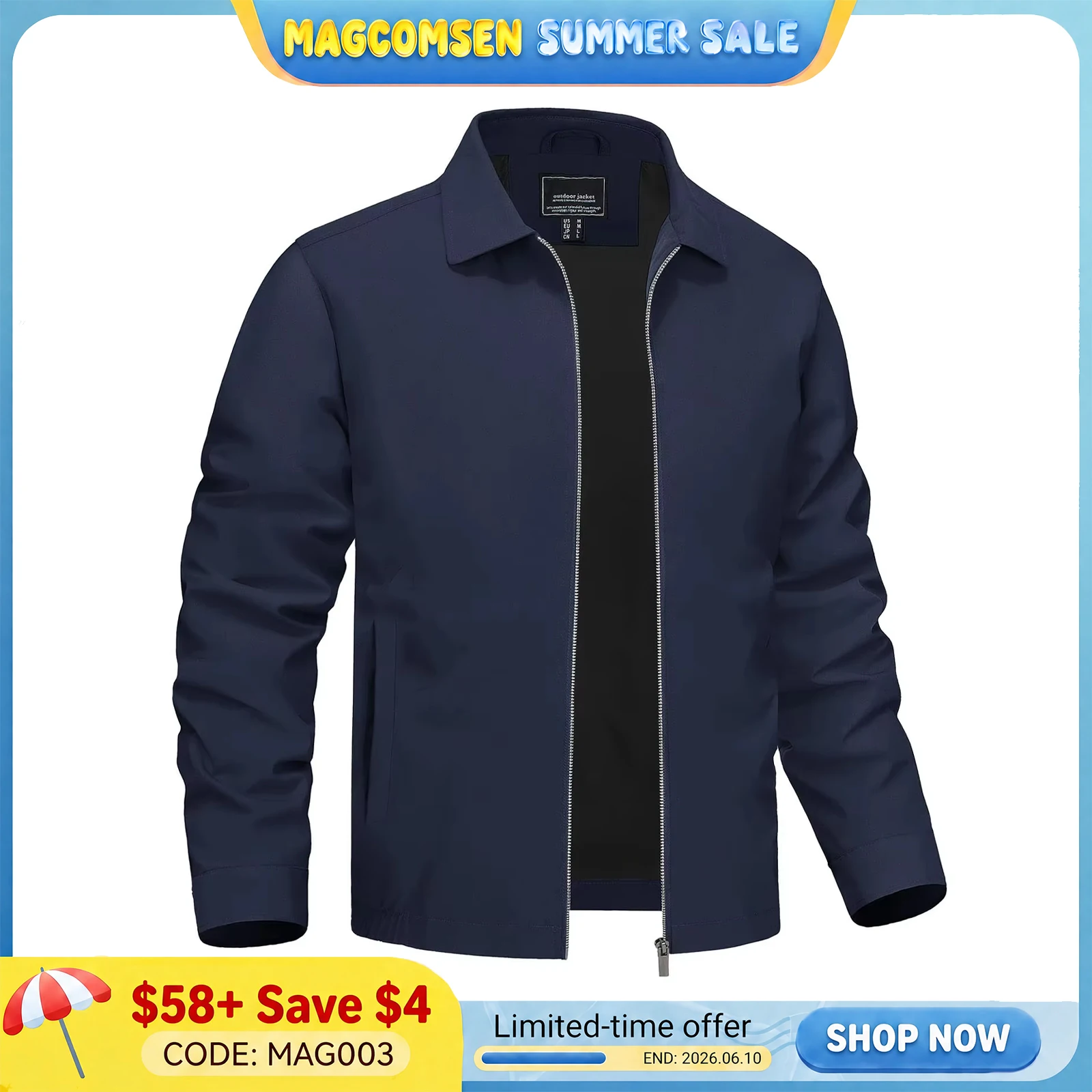 MAGCOMSEN 남성용 지퍼 프론트 골프 재킷, 봄 여름 캐주얼 재킷, 단색 턴다운 칼라 아우터, 하이킹 낚시 여행