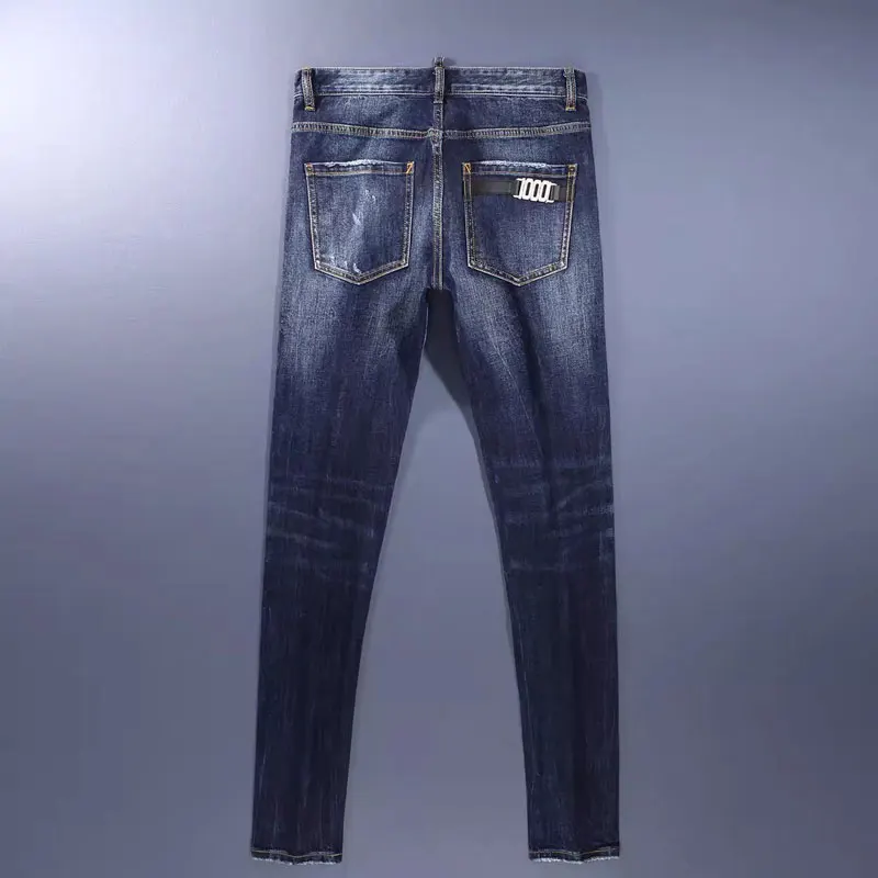 High Street Fashion Men Jeans Retro Blue Stretch Slim Fit Hole Ripped Jeans Men Vintage Designer Hip Hop Brand Pants Hombre
