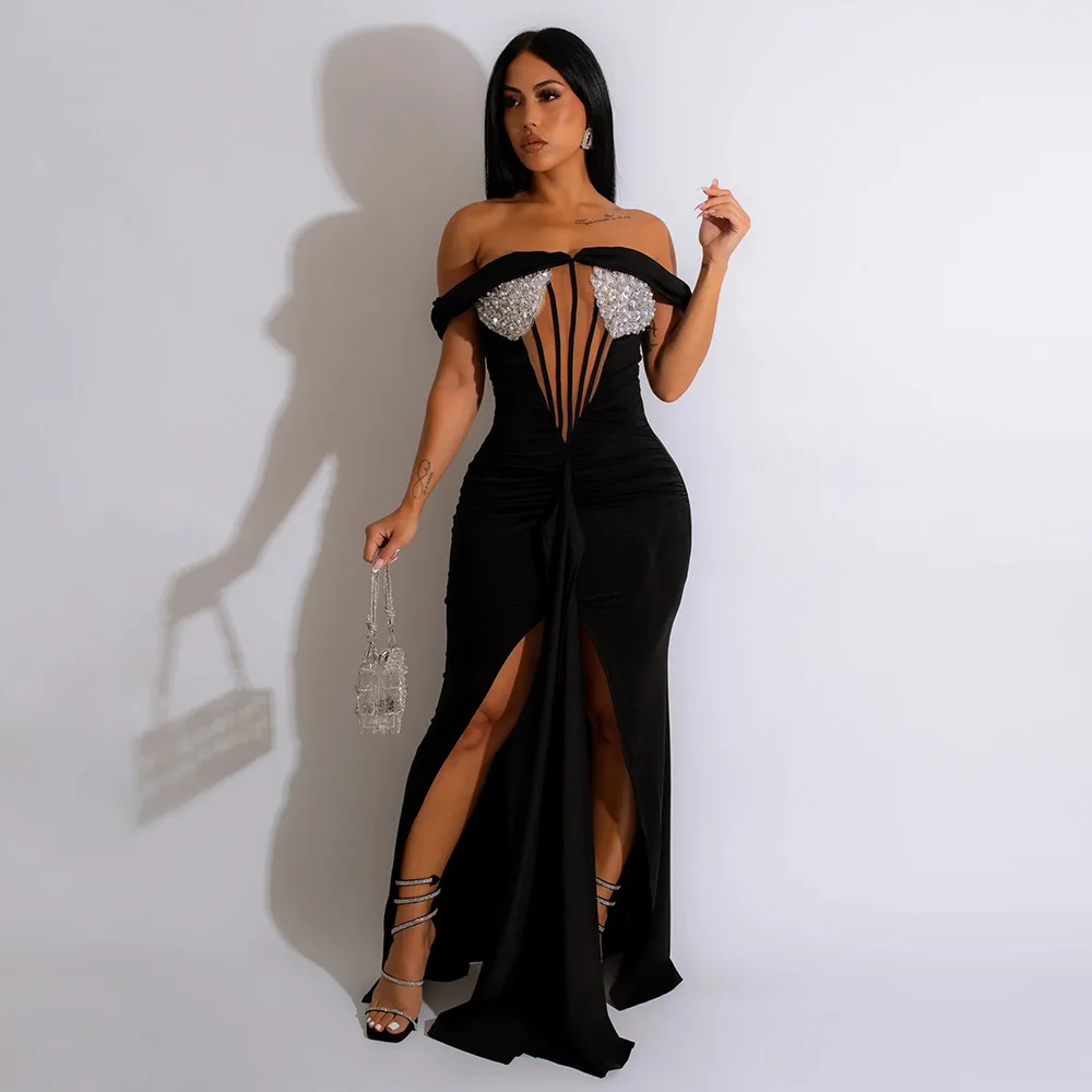 

Zoctuo Long Sequin Corset Dress Shiny Off The Shoulder Formal Dresses Sexy Ruched Bodycon Split Gowns For Women Evening Party