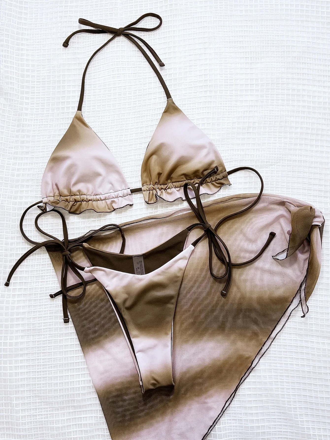 Coffee Tie Dye Gradient Bikinis Sets Women Ruffles Push Up Mesh Skirt 3 Piece Swimsuit 2024 Bathing Suit Cover Up Thong Swimwear
