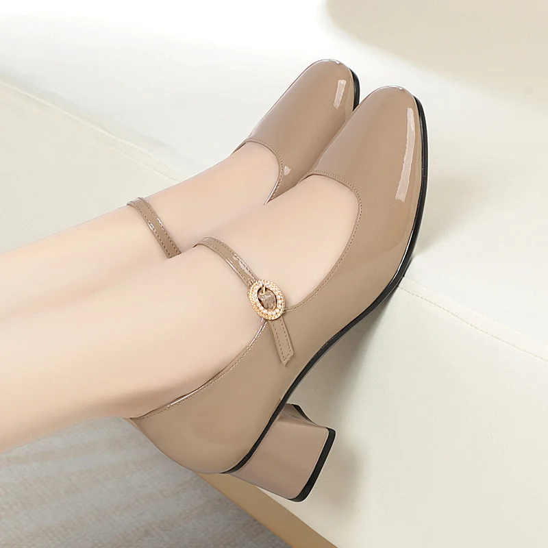 2023 Autumn New Women\'s High Heels Fashion Chunky Heel Casual Party Career Work Mary Jane Soft Leather Shoes