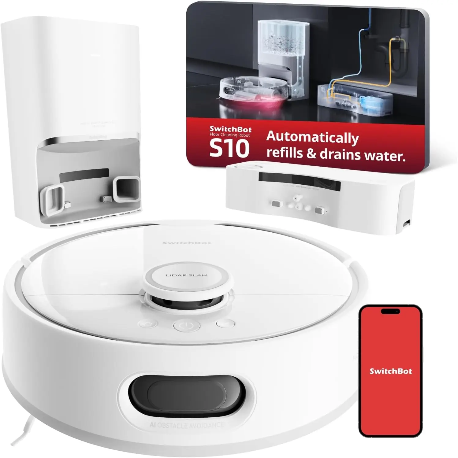 S10 Robot Vacuum and Mop with Dual Stations, Self Draining and Self Refilling, Auto Mop Washing/Drying, Liftable Mop,