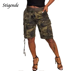 Summer Camouflage Cargo Shorts Women Casual Bandage Pocket Army Green Shorts Ladies Slim Fit Lace Up Button Shorts Streetwear