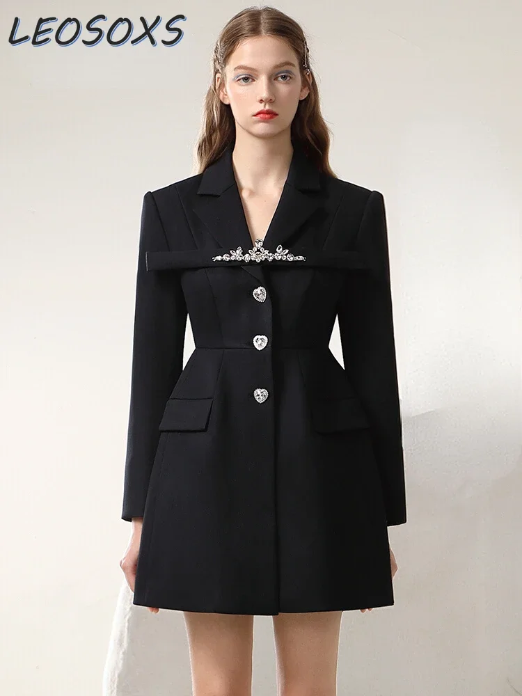 

Winter New Elegant Black Women DressThree-Dimensional Diamond Decorations Waist Slimming Socialite Temperament Commute Dresses