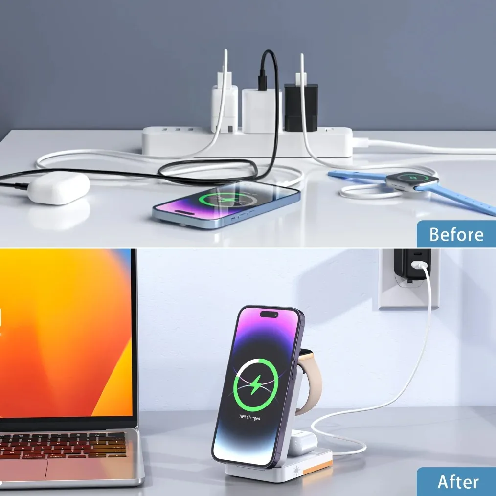 VIKEFON LED Light Wireless Charger Stand 3 in 1 Foldable For iPhone 16-12 Apple Watch 2-9 SE Airpods Pro Fast Charging Station