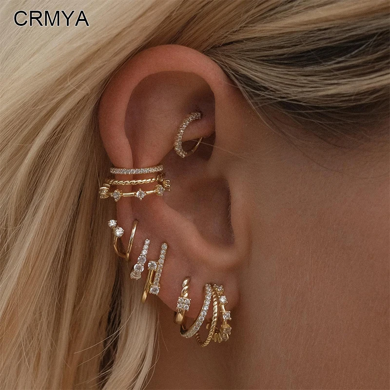 Crmya Classic Earrings for Women Zirconia Gold-plated Ear Cuff Stud Hoop Earrings Women Party Jewelry Accessories Wholesale