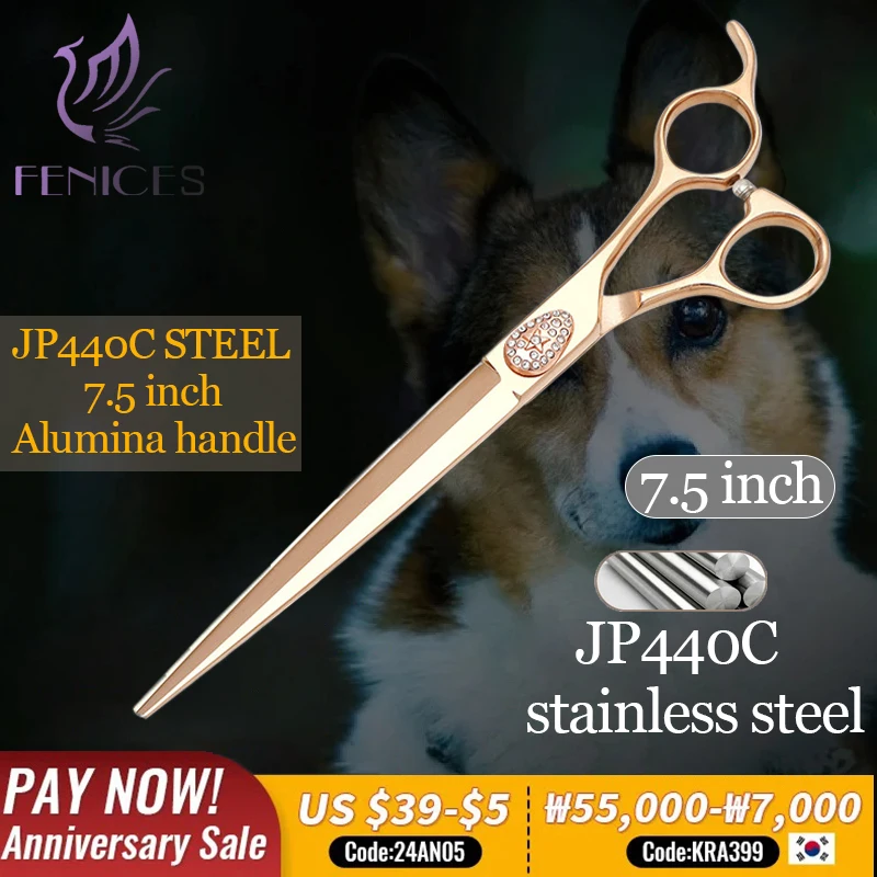 

Профессиональные японские ножницы для стрижки домашних животных Fenlces 3A09 из нержавеющей стали 440C, 7,5 дюйма, с бриллиантами, ножницы для груминга собак