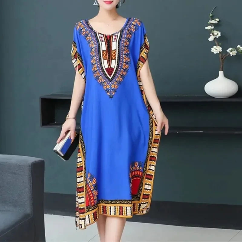 

Bohemian National Style Leisure Holiday Beach Printed Poker Indonesia Floral O-neck Loose Midi Dress Pajamas Loungewear Woman