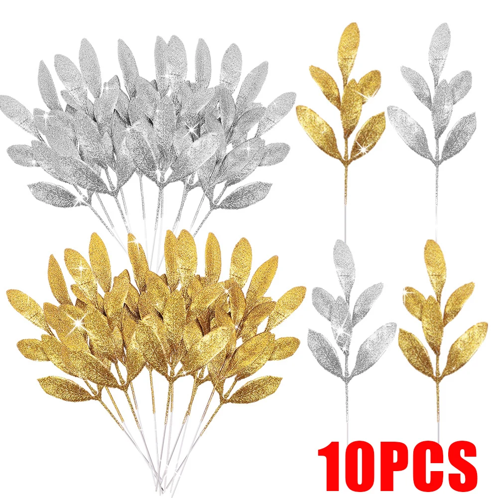 Glitter Gold Silver Leaves Christmas Tree Decoration Artificial Plants Leaves New Year Gift Christmas Party Decoration 10/1Pcs