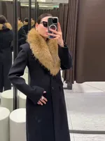 Elegant Faux Fur Wool Long Coat Women Solid Full Sleeve Lapel Patchwork Waist-closed Slim Coats Female Fashion Winter Outwear 2