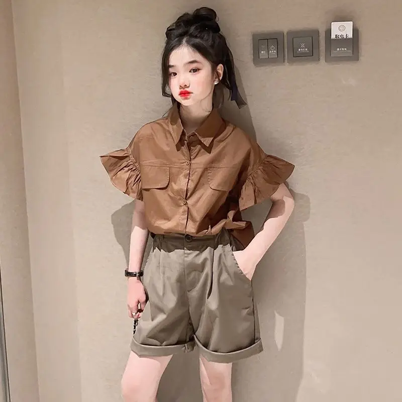 

Girls Suit 2023 Summer New Baby Short Sleeve Blouse +Shorts 2 Pc Set Children Wid-leg Short Pants Kids Outfits 4-14 Years