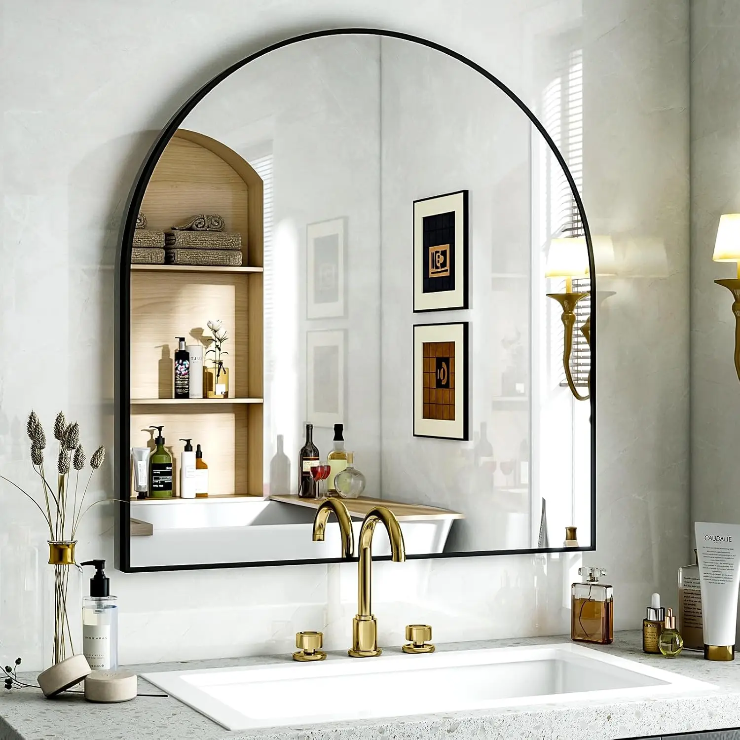 Arched Bathroom Mirror. 32x34". Wall Mounted. Aluminum Frame. Living Room, Bedroom, Bathroom, Entryway. Hanging/Leaning. Black.