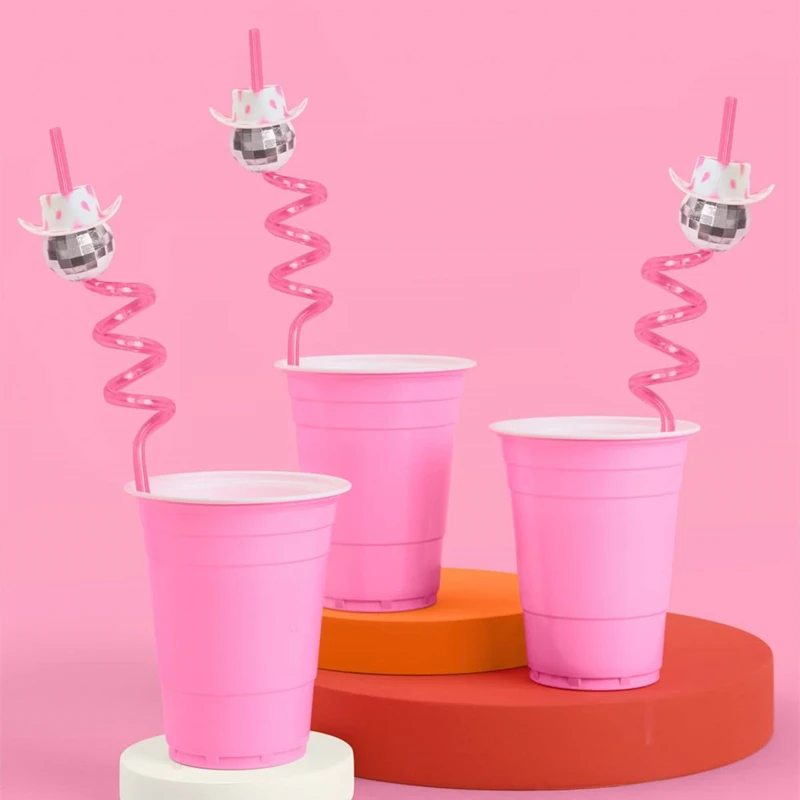 6/12Pcs Disco Ball Cowgirl Hat Straws Bachelorette Party Wedding Decoration Supplies 70s Disco Birthday Party Drinking Straws