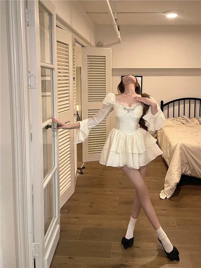 Y2K Black Short Dresses for Women Diamonds Square Collar Flare Sleeve High Waist A-line Birtheday Party Dress Prom Mini Vestidos