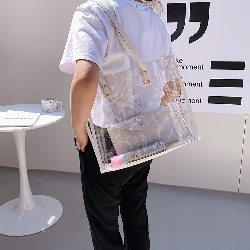 Fashion Transparent Combination Bag For Women Large Capacity Shoulder Bags Casual Girls Jelly Bag Shopper Bag Summer Beach Bag