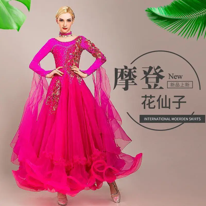 High End Diamond Studded New Modern Dance Dress Ballroom Dance Competition Performance Costume Waltz Skirt