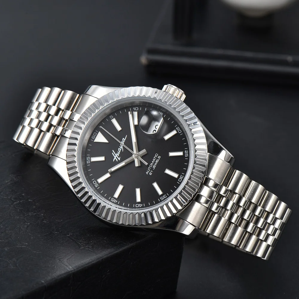 HUAYRA 40MM Men's 2813 Automatic Movement Watch Stainless Steel Waterproof Black Dial Glass Window Mechanical Watch
