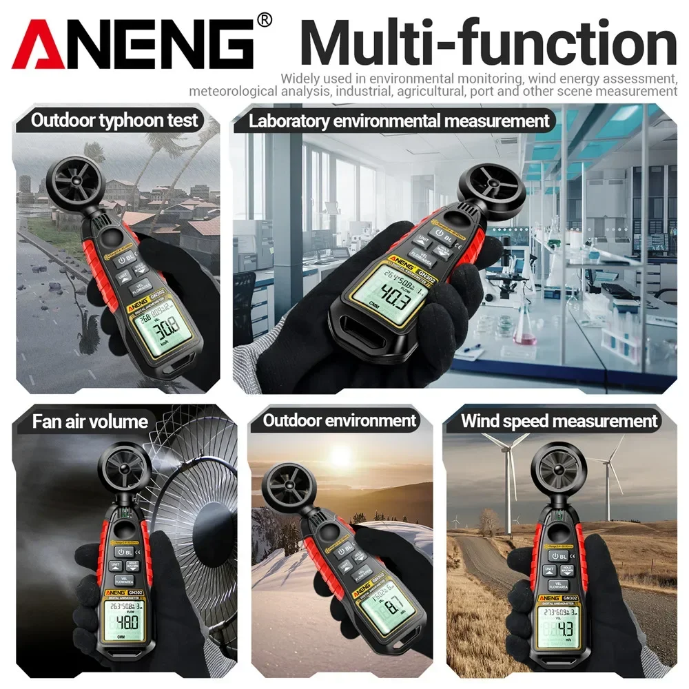 Digital Anemometer Speed Meter ANENG GN302 Handheld Anemometer 9999 Count Digital 0.4~30.00m/s Wind Speed -20.0C~60.0C Temperature Tester