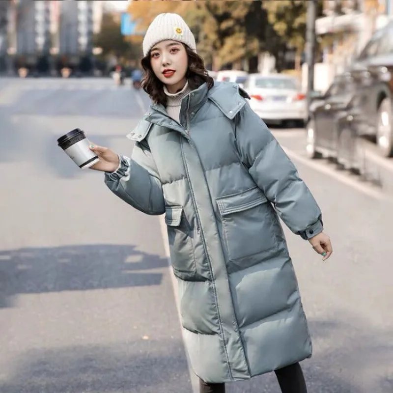 Winter Jacket Women Clothing Long Hooded Parka Big Pockets Thickened Warm Long Sleeve Coat Korean Fashion Black White Blue Green oversize winter parkas women coat 2023 korean fashion long sleeve hooded jacket belt pockets thickened warmer outerwear