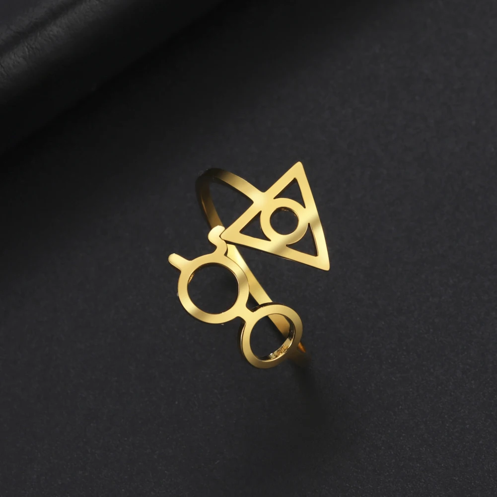 Kkjoy New Female Fashion Glasses Deathly Hallows Rings Stainless Steel Geometric Triangle Open Rings for Women Men Girl Jewelry finger rings womens ring jewelry rings ring jewelry