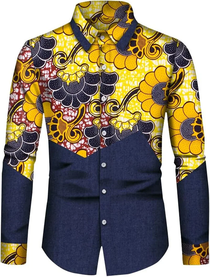 Men's African Trendy Patchwork Printed Shirt Tops Long Sleeve Button Down Shirt Soft Comfortable Design Men's Shirt 2024