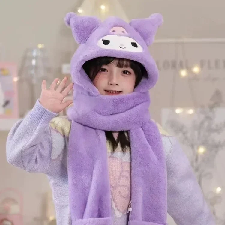 Children's Hat Scarf Integrated Winter Warm Boy and Girl Plush Cartoon Ear Protection Hat Gloves New Model