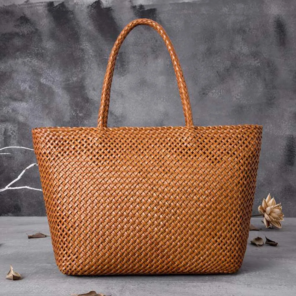 Women Leather Handbag Romantic Big Handmade Woven Totes Female Cowhide Big Holiday Bucket Bag Causal Beach Shoulder Handbags 6