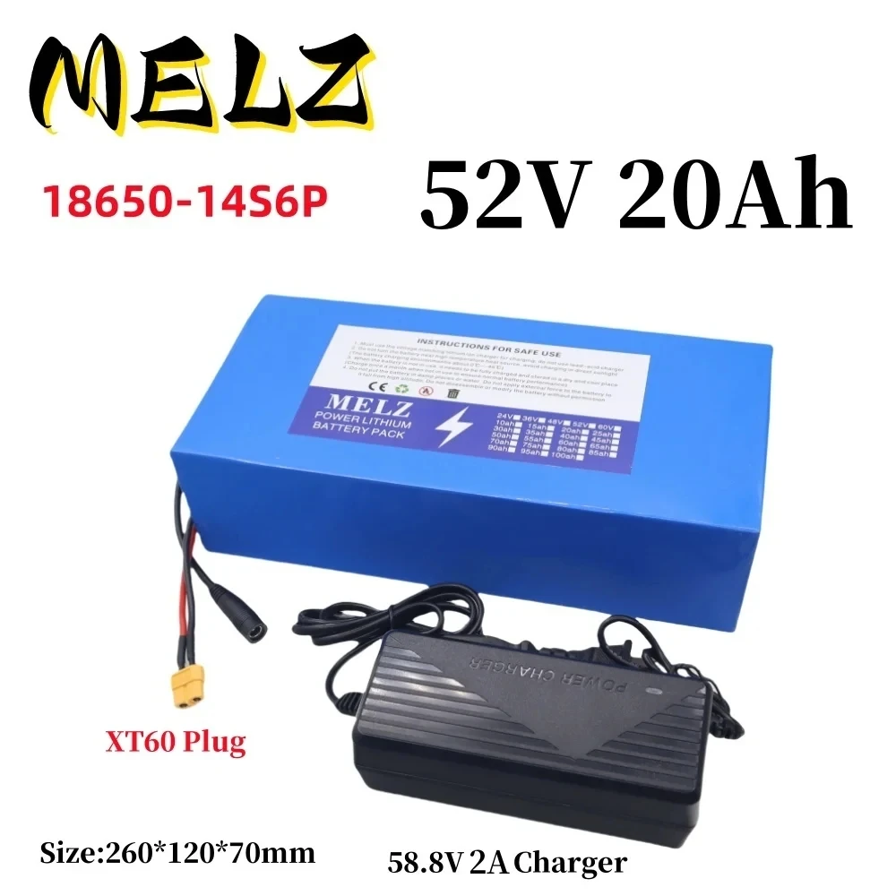 

52V 20Ah 20000mAh 18650 lithium battery pack 14S6P large capacity suitable for 52V 250-1500W built-in BMS+58.8V2A charger
