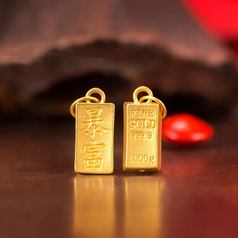 24K Gold Brick Pendant Gold Necklace Female AU999 Pendant Clavicle Chain Jewelry Metal Seal