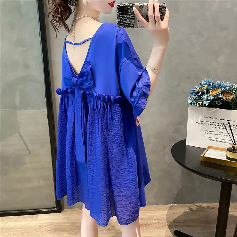 

Backless Hollow Out Loose Tops Summer New Bow Patchwork Short Sleeve Solid Print Fashion T Shirts Trend Casual Women Clothing