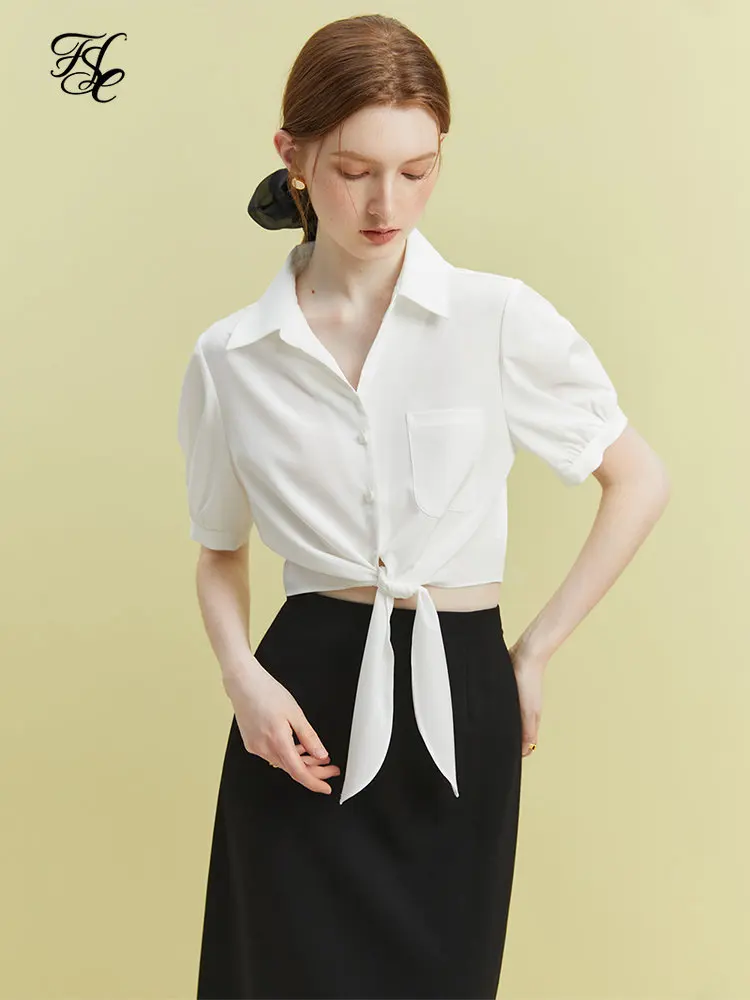

FSLE Commuter Style Design Sense Short-sleeved Shirt for Female Summer Niche Design Lace-up Short White Top Shirt for Women
