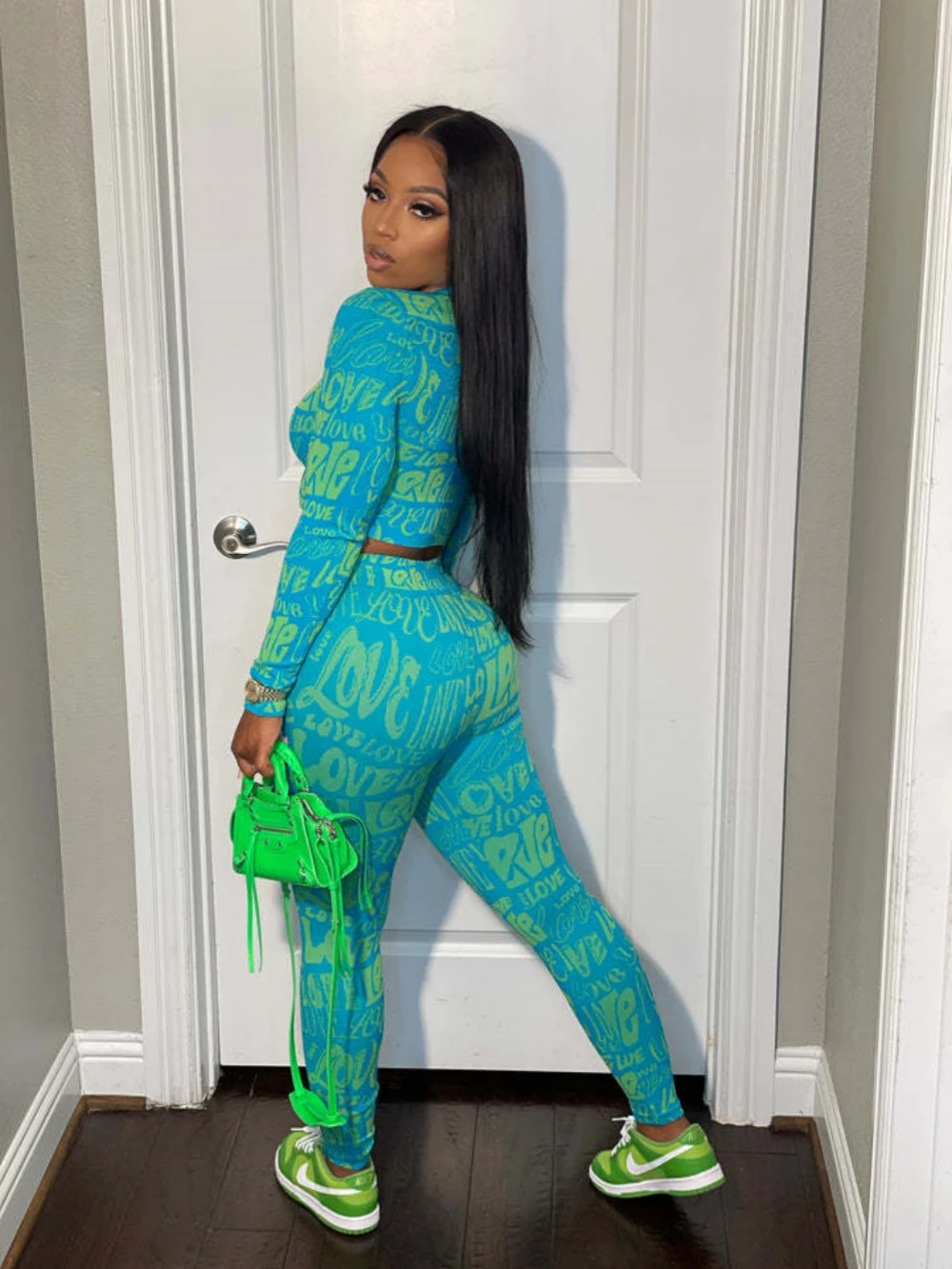 New Fashion Ladies Casual 2-Piece Spring Print Long Sleeve V-Neck Top And Slim Pant Suit Comfortable 2-Piece Women Set