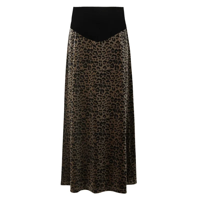 Good Quality Korean Style Maternity Fashion Skirt High Waist Leopard Print Pregnant Woman Step Skirt Long Pregnancy Velour