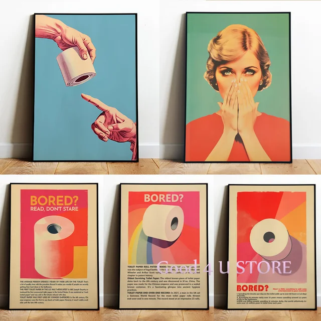 Retro Toilet Bad Smell Woman Paper Roll Hand of God Funny Bathroom Quotes Poster Wall Art Pictures Canvas Painting Home Decor