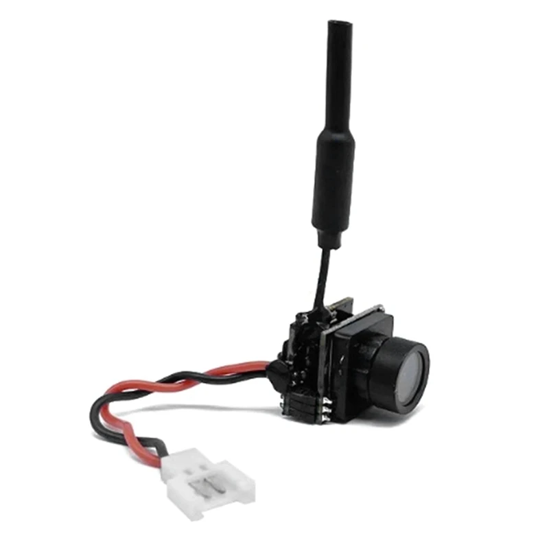 Micro caméra FPV 5.8GHz 800TVL 25mW posée sur une surface plane, avec câble et connecteur visibles.