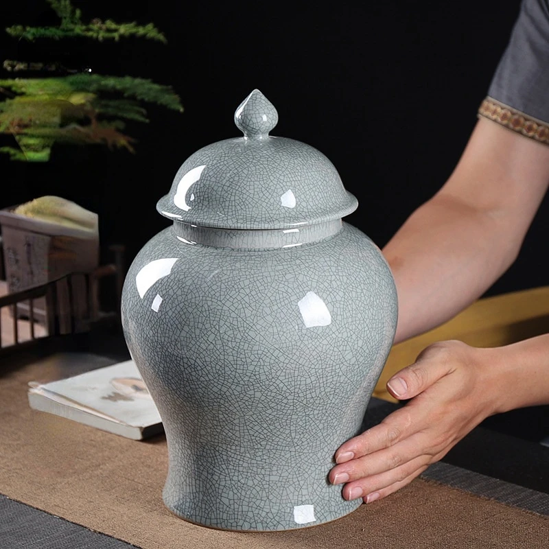 

European-style Cracked Enamel General Jar with Lid Sealed Tea Jar Handicraft Porch Decoration Large Ceramic Jar Home Decoration